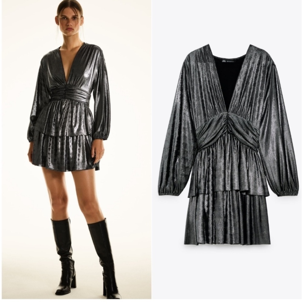 NWT Zara Shimmering Black Long Sleeve Dress